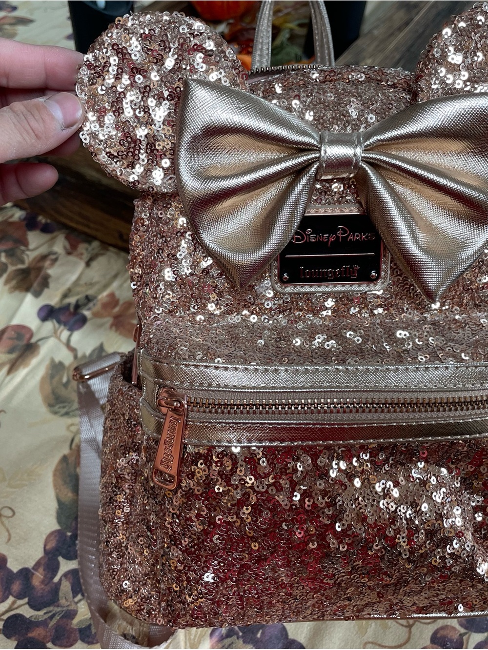 Loungefly Rose Gold Sequin Mini Backpack with Bow & Ears